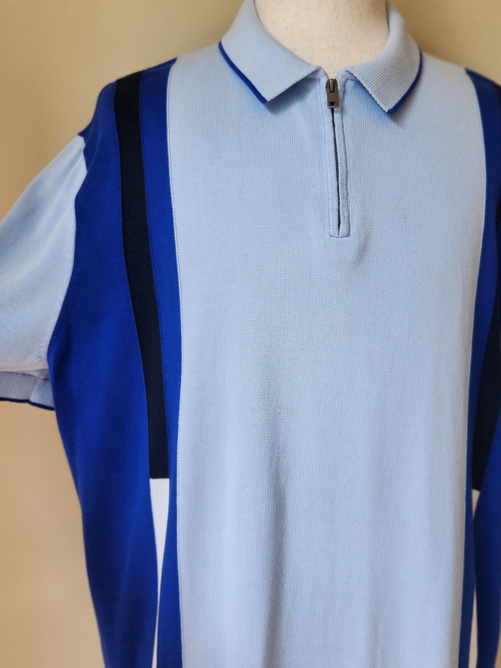 Mens XXLT Colorblock Blue Quarter Zip Knit Short Sleeve Sweater Polo Modern